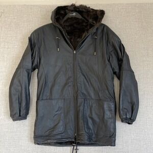 AM‎ Studio Genuine Leather Reversible Jacket Women's S Black Brown Faux Fur Hood